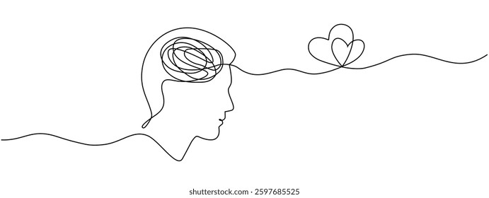 Continuous to one linear drawings of the human head and two hearts. Contour One Line Concept for a mental disorder, search for solution, love and care for a mental disorder. Vector editable