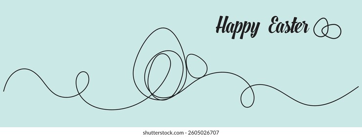Continuous one liner egg drawing of an Easter bunny, egg, and chamomile. Happy Easter egg hunt concept, Spring design. Editable stroke. Vector illustration.