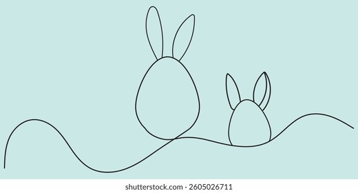 Continuous one liner egg drawing of an Easter bunny, egg, and chamomile. Happy Easter egg hunt concept, Spring design. Editable stroke. Vector illustration.