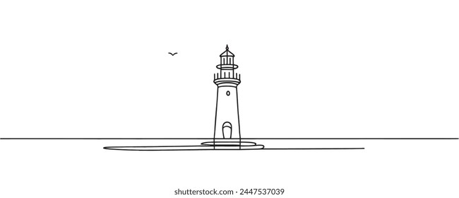 Continuous one simple line drawing of a lighthouse, silhouetted on a white background. Linear style graphic illustration of lighthouse.