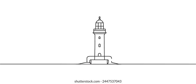 Dibujo continuo de una línea simple de un faro, silueta sobre un fondo blanco. Ilustración gráfica de estilo lineal de faro.