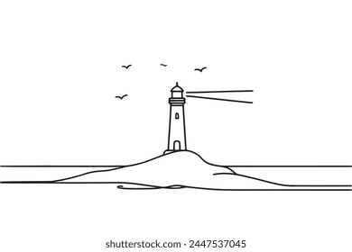 Continuous one simple line drawing of a lighthouse, silhouetted on a white background. Linear style graphic illustration of lighthouse.