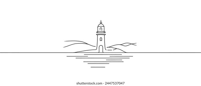 Continuous one simple line drawing of a lighthouse, silhouetted on a white background. Linear style graphic illustration of lighthouse.