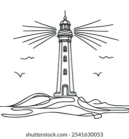Continuous one simple line drawing of a lighthouse,