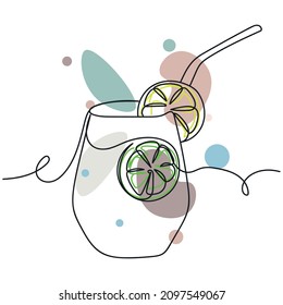 Continuous one simple single abstract line drawing of summer lemonade summer drink icon in silhouette on a white background. Linear stylized.