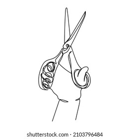 Continuous one simple single abstract line drawing of hand holding scissors icon in silhouette on a white background. Linear stylized.