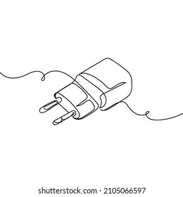 Continuous one simple single abstract line drawing of charger plugs icon in silhouette on a white background. Linear stylized.