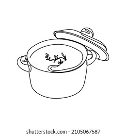 Continuous one simple single abstract line drawing of soup in bowl icon in silhouette on a white background. Linear stylized.