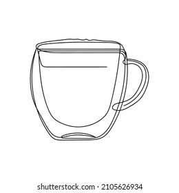 Continuous one simple single abstract line drawing of cappuccino in glass cup icon in silhouette on a white background. Linear stylized.