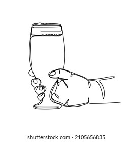 Continuous one simple single abstract line drawing of hand hold glass beer icon in silhouette on a white background. Linear stylized.