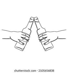 Continuous one simple single abstract line drawing of hands with beer bottles icon in silhouette on a white background. Linear stylized.