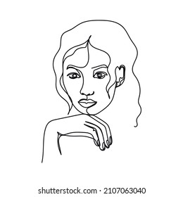 Continuous one simple single abstract line drawing of beautiful woman face beauty concept icon in silhouette on a white background. Linear stylized.