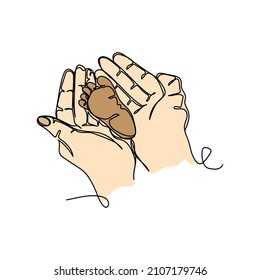 Continuous one simple single abstract line drawing of  mothers day concept hands mom with tiny baby leg icon in silhouette on a white background. Linear stylized.
