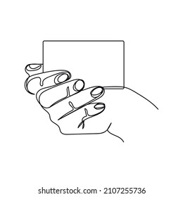 Continuous one simple single abstract line drawing of hand holding blank card icon in silhouette on a white background. Linear stylized.