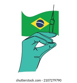 Continuo un simple y simple dibujo de línea abstracta de la mano que contiene la vacuna Brasil icono en la silueta sobre un fondo blanco. Linear estilizado.