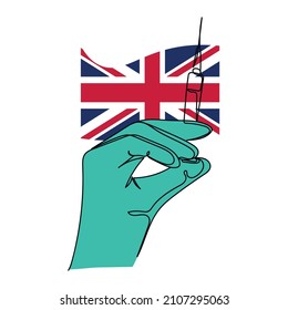 Continuous one simple single abstract line drawing of hand holding vaccine vaccination in The United Kingdom of Great Britain icon in silhouette