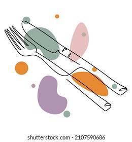 Continuous one simple single abstract line drawing of fork and knife icon in silhouette on a white background. Linear stylized.