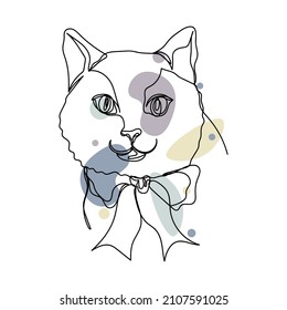 Continuous one simple single abstract line drawing of logo head face cat kitty icon in silhouette on a white background. Linear stylized.