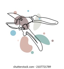 Continuous one simple single abstract line drawing of pruning shears icon in silhouette on a white background. Linear stylized.