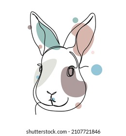 Continuous one simple single abstract line drawing of bunny rabbit portrait symbol 2023 easter day concept icon in silhouette on a white background. Linear stylized.