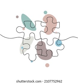 Continuous one simple single abstract line drawing of togetherness concept puzzle icon in silhouette on a white background. Linear stylized.