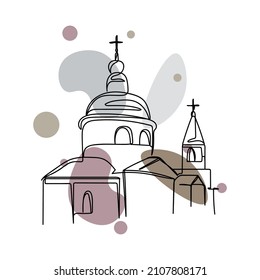 Continuous one simple single abstract line drawing of woman in beautiful church icon in silhouette on a white background. Linear stylized.