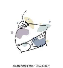 Continuous one simple single abstract line drawing of pregnant woman in bandage orthopedic icon in silhouette on a white background. Linear stylized.