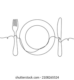 Continuous one simple single abstract line drawing of the fork and knife with plate icon in silhouette on a white background. Linear stylized.