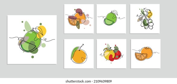 Continuous one simple single abstract line drawing of set organic food icon in silhouette on a white background. Linear stylized.