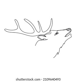 Continuous one simple single abstract line drawing of elk reindeer portrait icon in silhouette on a white background. Linear stylized.