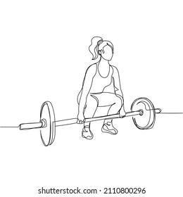 Continuous one simple single abstract line drawing of woman doing deadlifting with-heavy barbellicon in silhouette on a white background. Linear stylized.