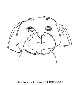 Continuous one simple single abstract line drawing of maltese puppy dog portrait in silhouette on a white background. Linear stylized.