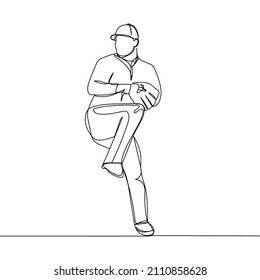 Continuous one simple single abstract line drawing of pitcher baseball sport concept in silhouette on a white background. Linear stylized.