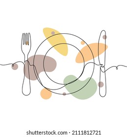 Continuous one simple single abstract line drawing of the fork and knife with plate icon in silhouette on a white background. Linear stylized.