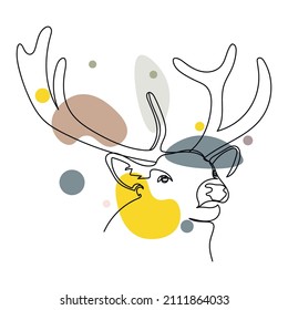 Continuous One Simple Single Abstract Line Drawing Of Elk Reindeer Portrait Icon In Silhouette On A White Background. Linear Stylized.