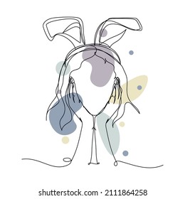 Continuous one simple single abstract line drawing of girl wearing bunny ears creative concept icon in silhouette on a white background. Linear stylized.