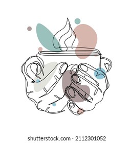 Continuous one simple single abstract line drawing of hands with a cup of drinks in silhouette on a white background. Linear stylized.