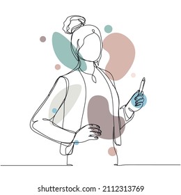 Continuous one simple single abstract line drawing of woman with marker in silhouette on a white background. Linear stylized.