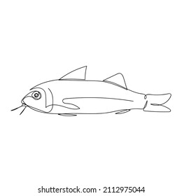 Continuous one simple single abstract line drawing of fish icon in silhouette on a white background. Linear stylized.