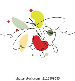 Continuous one simple single abstract line drawing of butterfly in silhouette on a white background. Linear stylized.