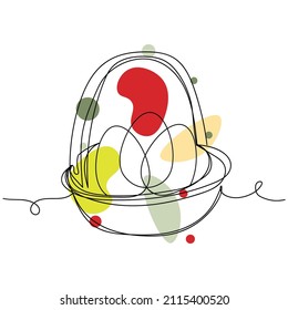 Un simple y continuo dibujo de línea abstracta de huevos de Pascua en una cesta de silueta sobre un fondo blanco. Linear estilizado.
