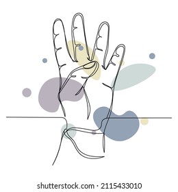 Continuous one simple single abstract line drawing of hand showing number four in silhouette on a white background. Linear stylized.