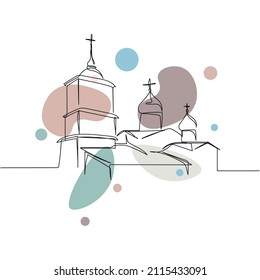 Continuous one simple single abstract line drawing of church religion concept icon in silhouette on a white background. Linear stylized.
