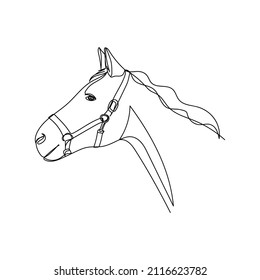 Continuous one simple single abstract line drawing of cute horse portrait animal concept icon in silhouette on a white background. Linear stylized.