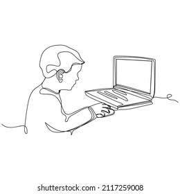 Continuous one simple single abstract line drawing of distance education attentive school child with laptop icon in silhouette on a white background. Linear stylized.