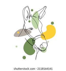 Continuous one simple single abstract line drawing of donkey animal concept portrait icon in silhouette on a white background. Linear stylized.