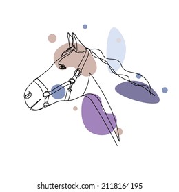 Continuous one simple single abstract line drawing of cute horse portrait animal concept icon in silhouette on a white background. Linear stylized.