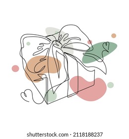 Continuous one simple single abstract line drawing of beautiful gift box with ribbon bow icon in silhouette on a white background. Linear stylized.
