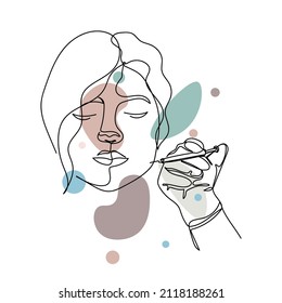 Continuous one simple single abstract line drawing of woman making anti aging injections icon in silhouette on a white background. Linear stylized.