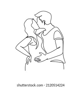Continuous one simple single abstract line drawing of happy kissing pregnant woman and husband icon in silhouette on a white background. Linear stylized.